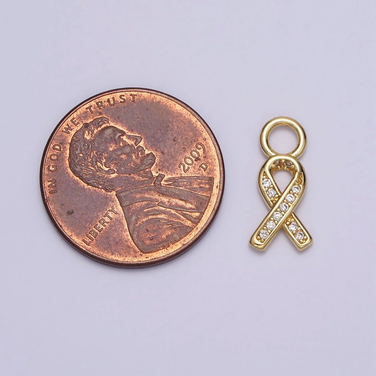 Mini Breast Cancer Awareness Ribbon Clear Micro Paved CZ Gold Charm | AC-242