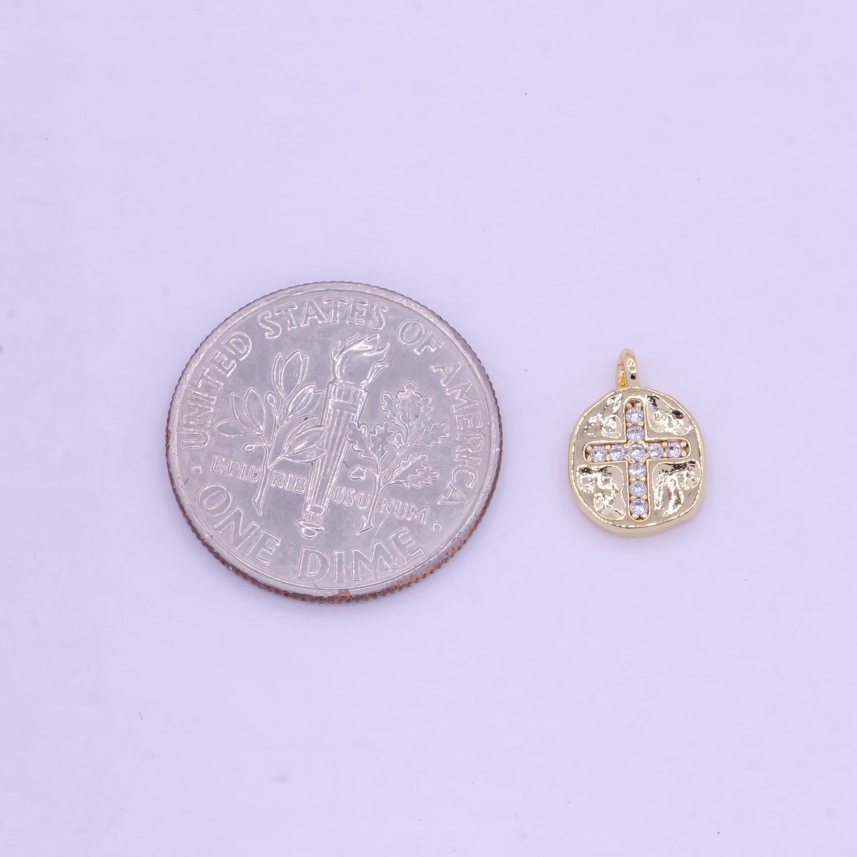 Mini Gold Coin Charm with Micro Pave Cross for Necklace Bracelet Supply AG-078