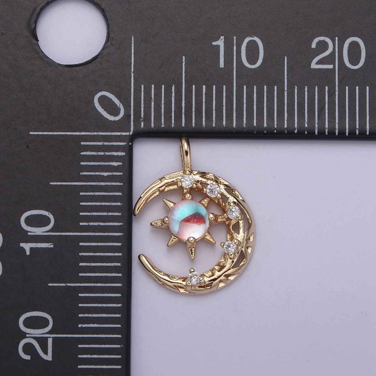 Mini Micro Pave Rainbow Moonstone Crescent Moon Pendant in 14k Gold Filled Celestial Jewelry June Birthstone N-704