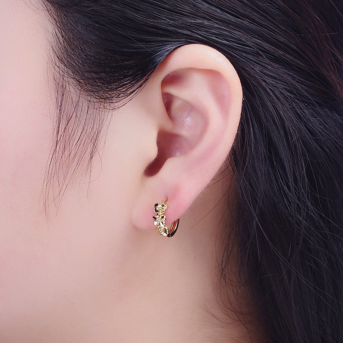 24K Gold Filled Clear CZ Flower Huggie Earrings | T104