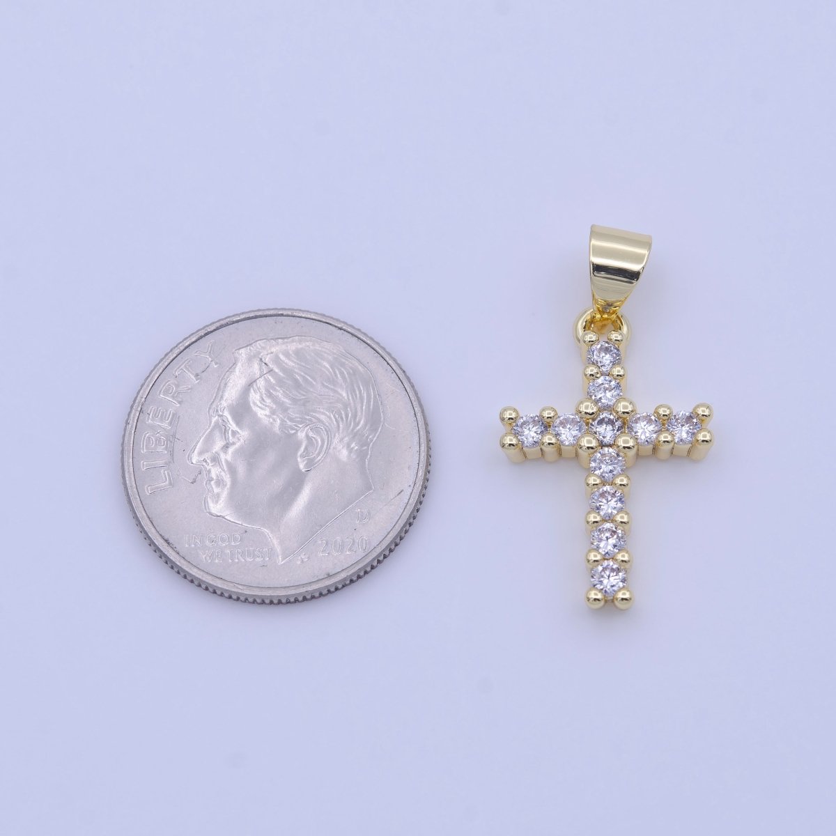 Minimalist Clear CZ Religious Cross Gold 23.5mm Pendant H-246