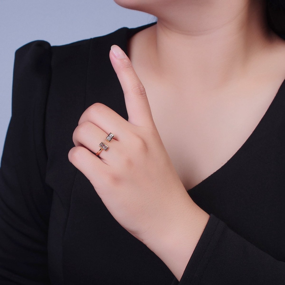 Minimalist Gold Baguette Cubic Zirconia Adjustable Ring U-131