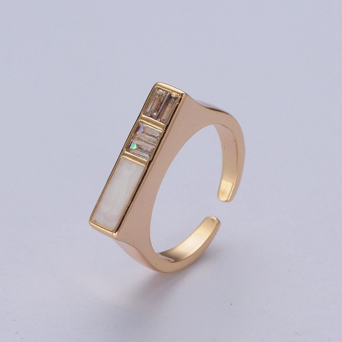 Minimalist Gold Baguette Cubic Zirconia Baguette & Enamel Flat Bar Adjustable Ring  O-350