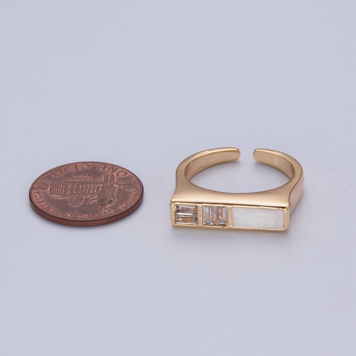 Minimalist Gold Baguette Cubic Zirconia Baguette & Enamel Flat Bar Adjustable Ring  O-350