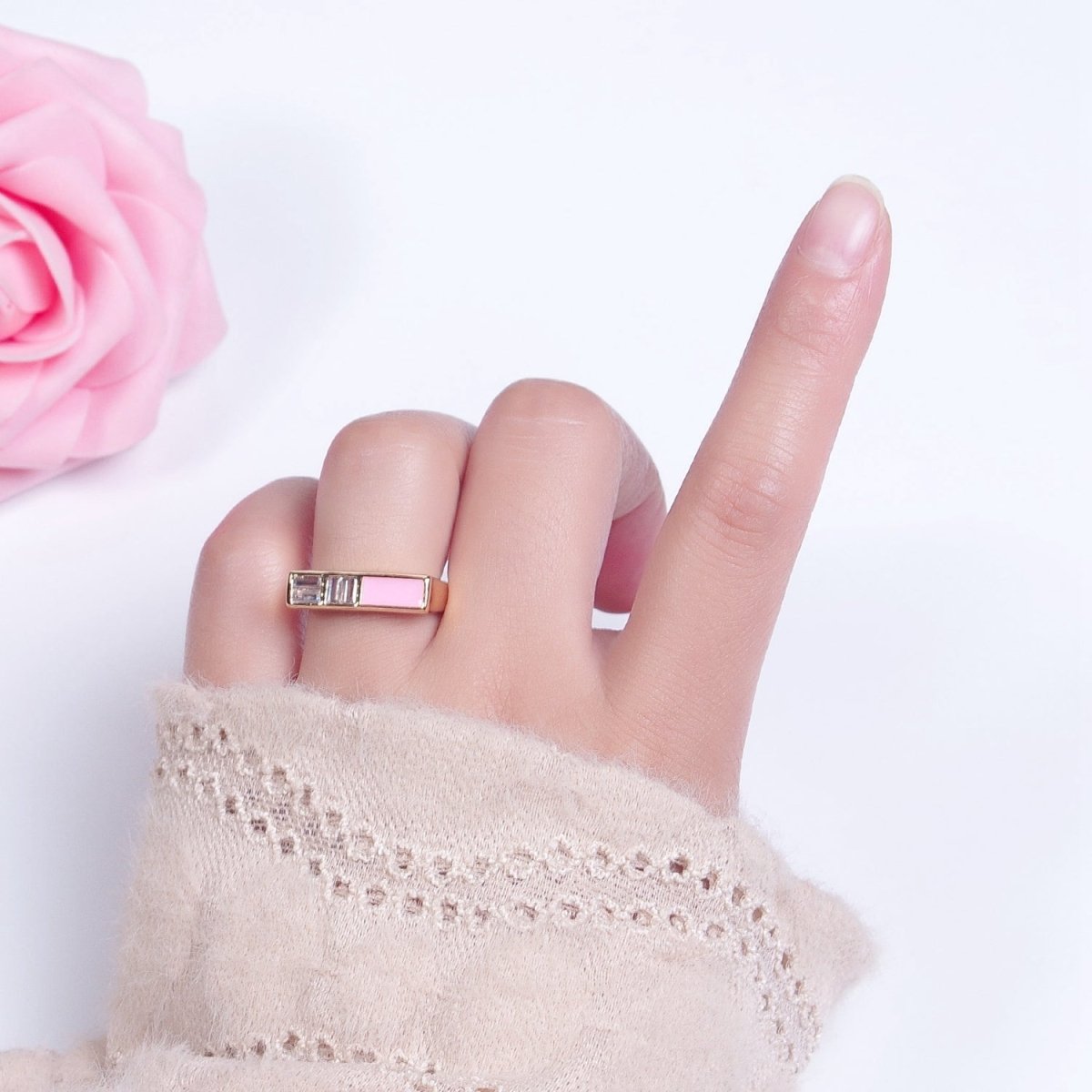 Minimalist Gold Baguette Cubic Zirconia Baguette & Enamel Flat Bar Adjustable Ring  O-350