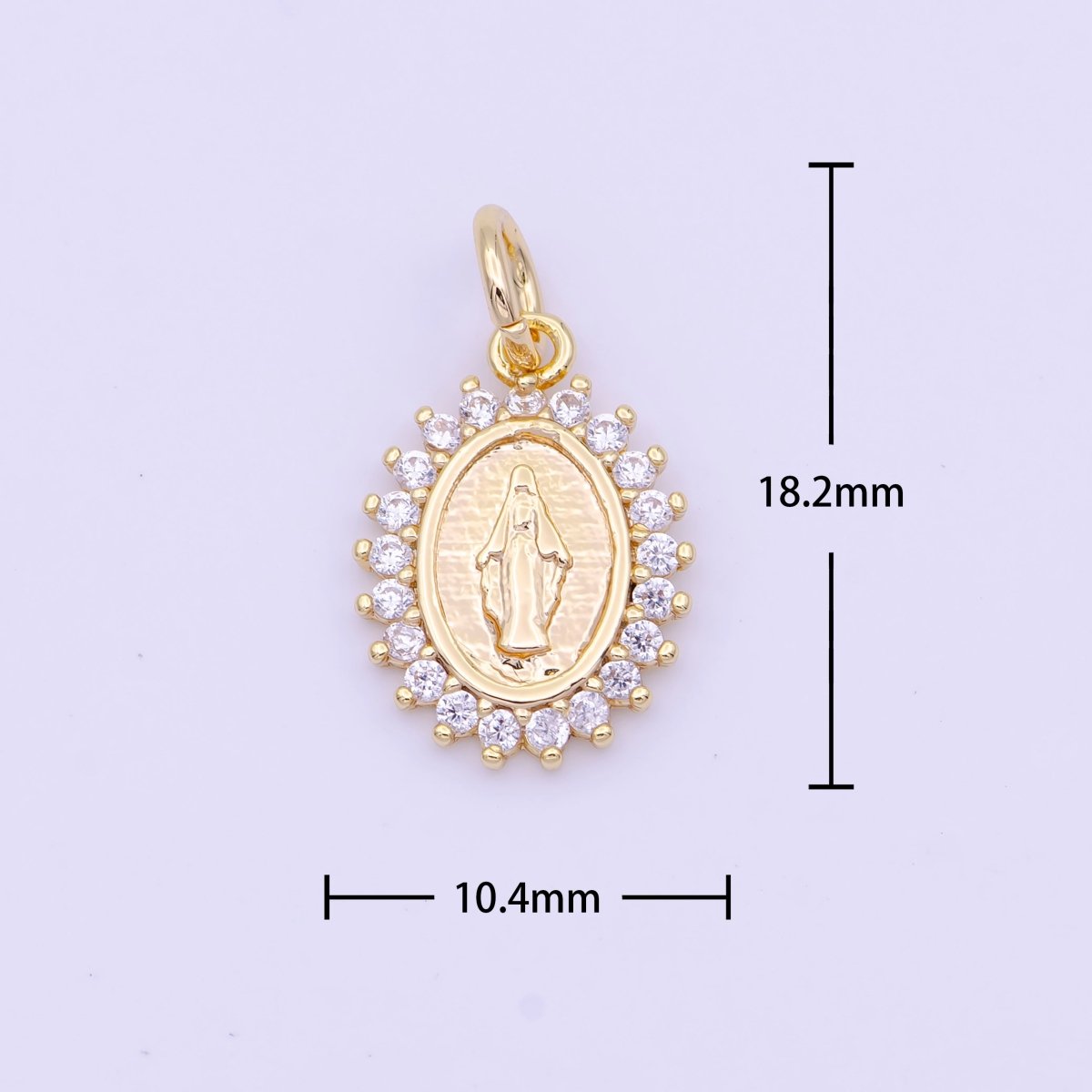 Minimalist Micro Paved CZ Miraculous Lady Religious Gold Oval Charm | D-570