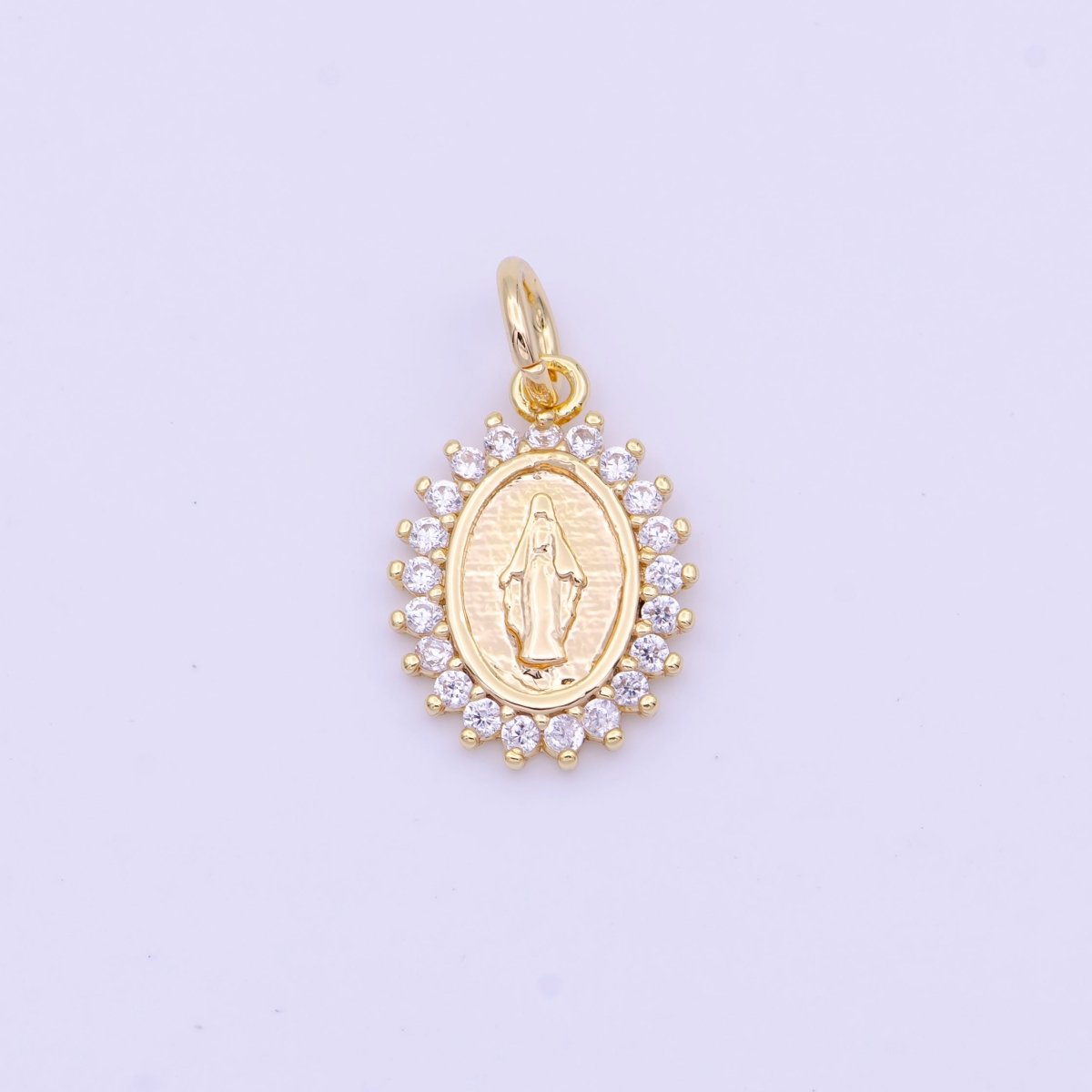 Minimalist Micro Paved CZ Miraculous Lady Religious Gold Oval Charm | D-570