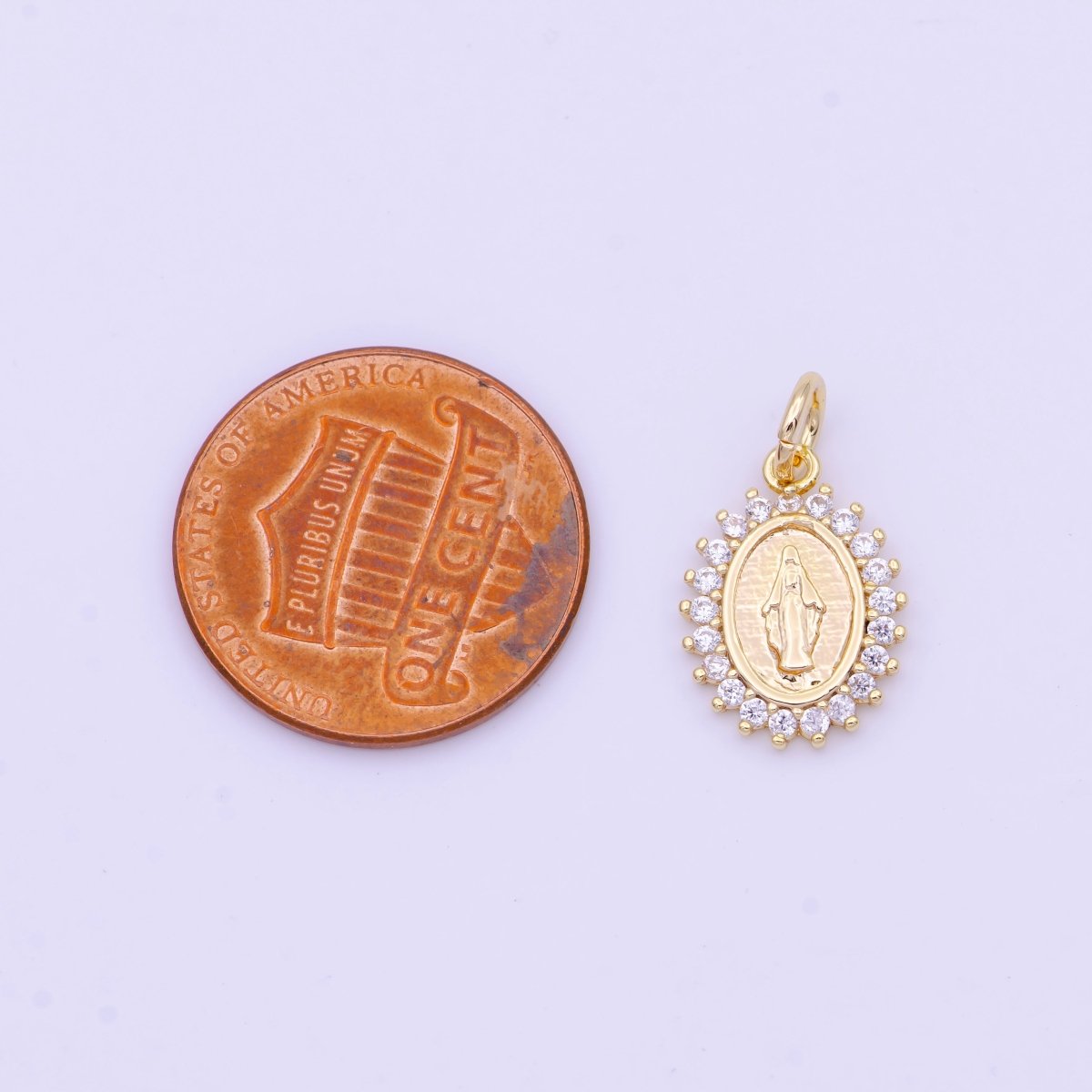 Minimalist Micro Paved CZ Miraculous Lady Religious Gold Oval Charm | D-570