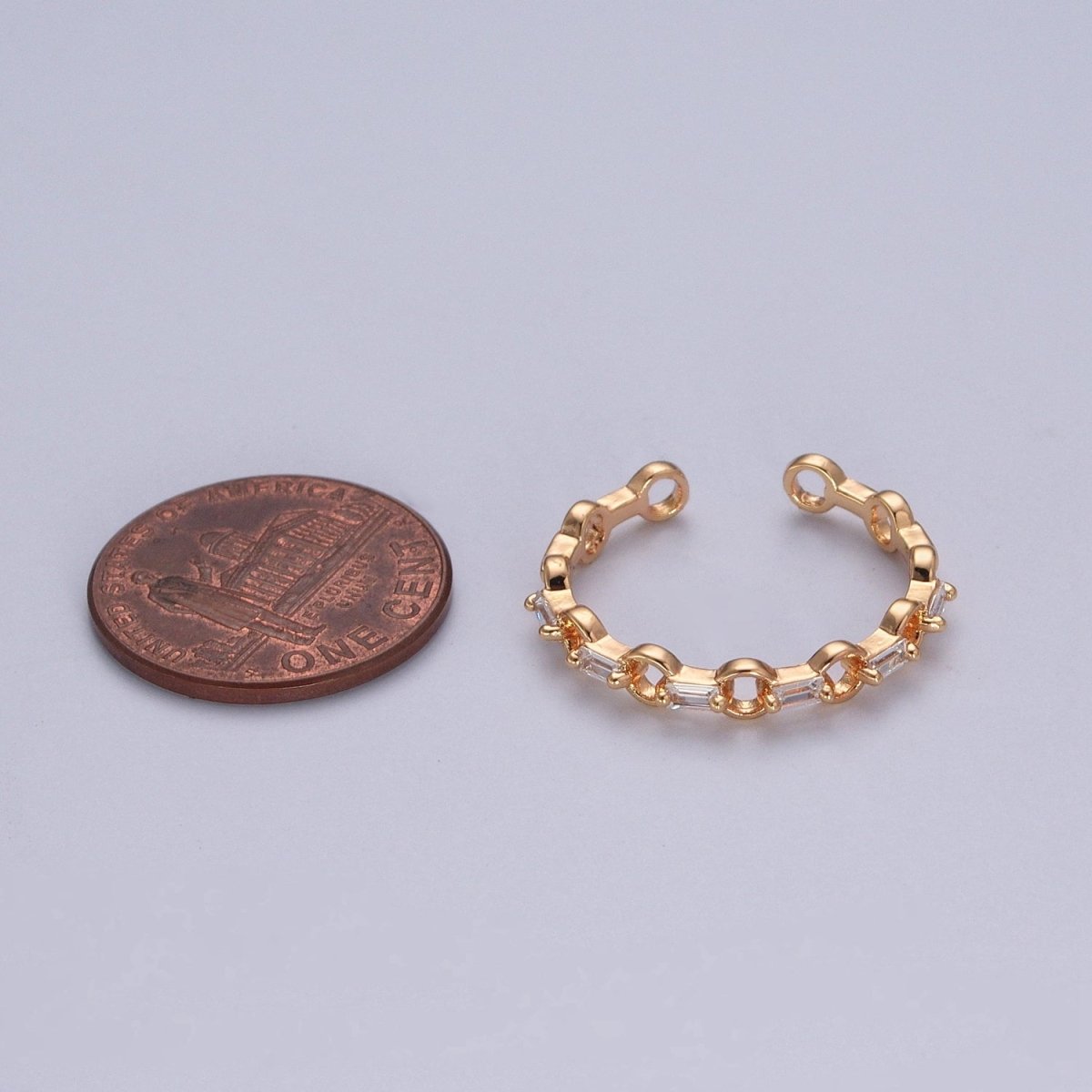 Minimalist Rolo Chain Link & Clear Baguette Cubic Zirconia Gold Adjustable Ring R-510