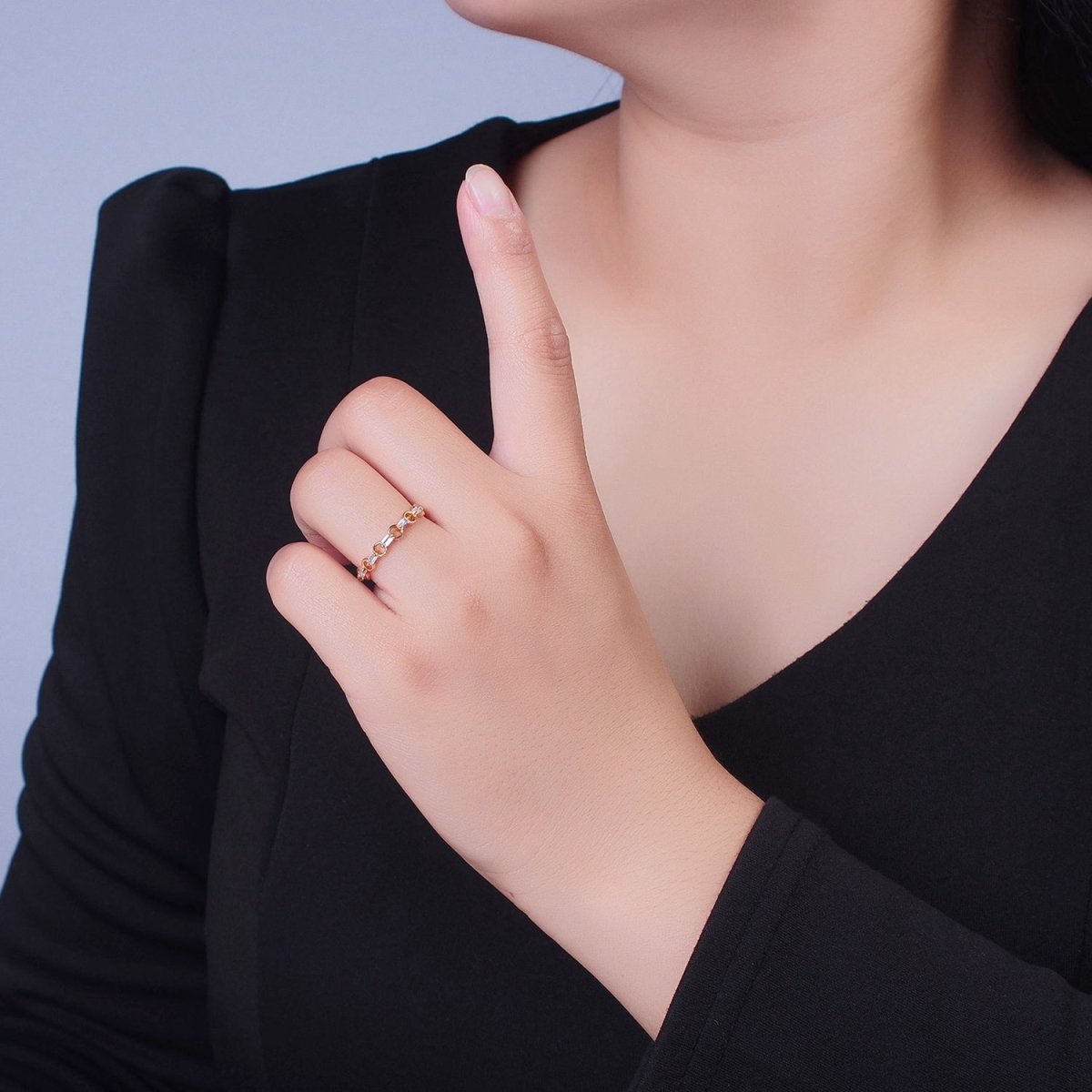 Minimalist Rolo Chain Link & Clear Baguette Cubic Zirconia Gold Adjustable Ring R-510