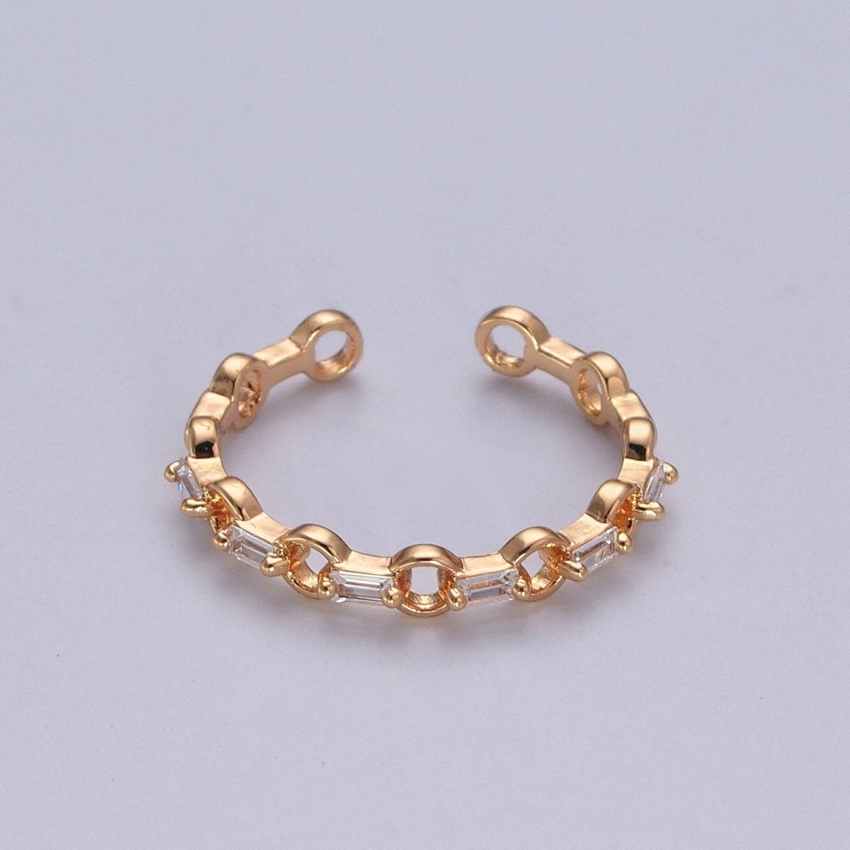 Minimalist Rolo Chain Link & Clear Baguette Cubic Zirconia Gold Adjustable Ring R-510