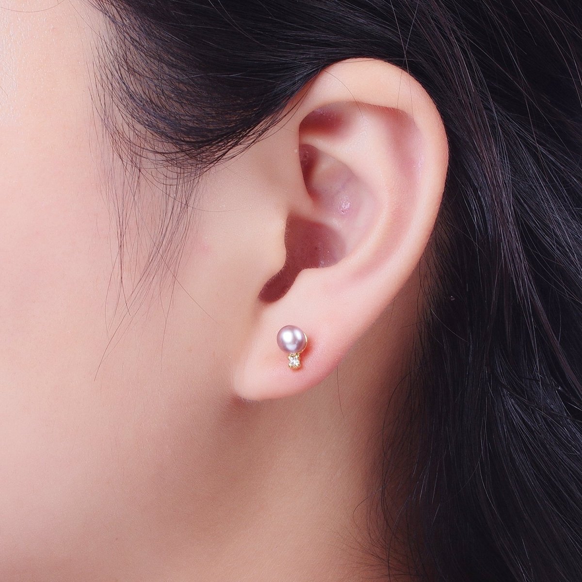 Minimalist Round Purple Shell Pearl Cubic Zirconia Gold Stud Earrings, Gift For Her | AD-040