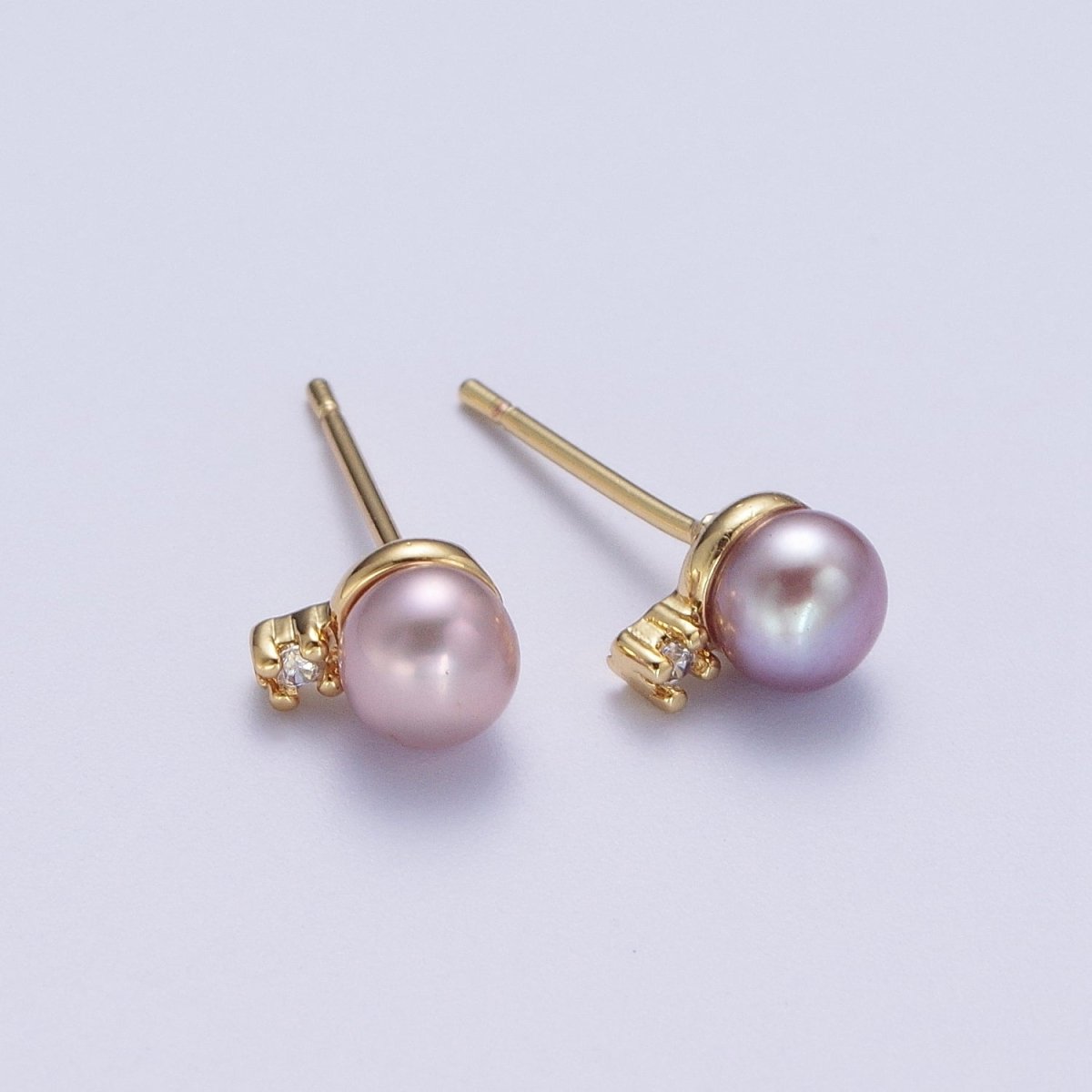 Minimalist Round Purple Shell Pearl Cubic Zirconia Gold Stud Earrings, Gift For Her | AD-040