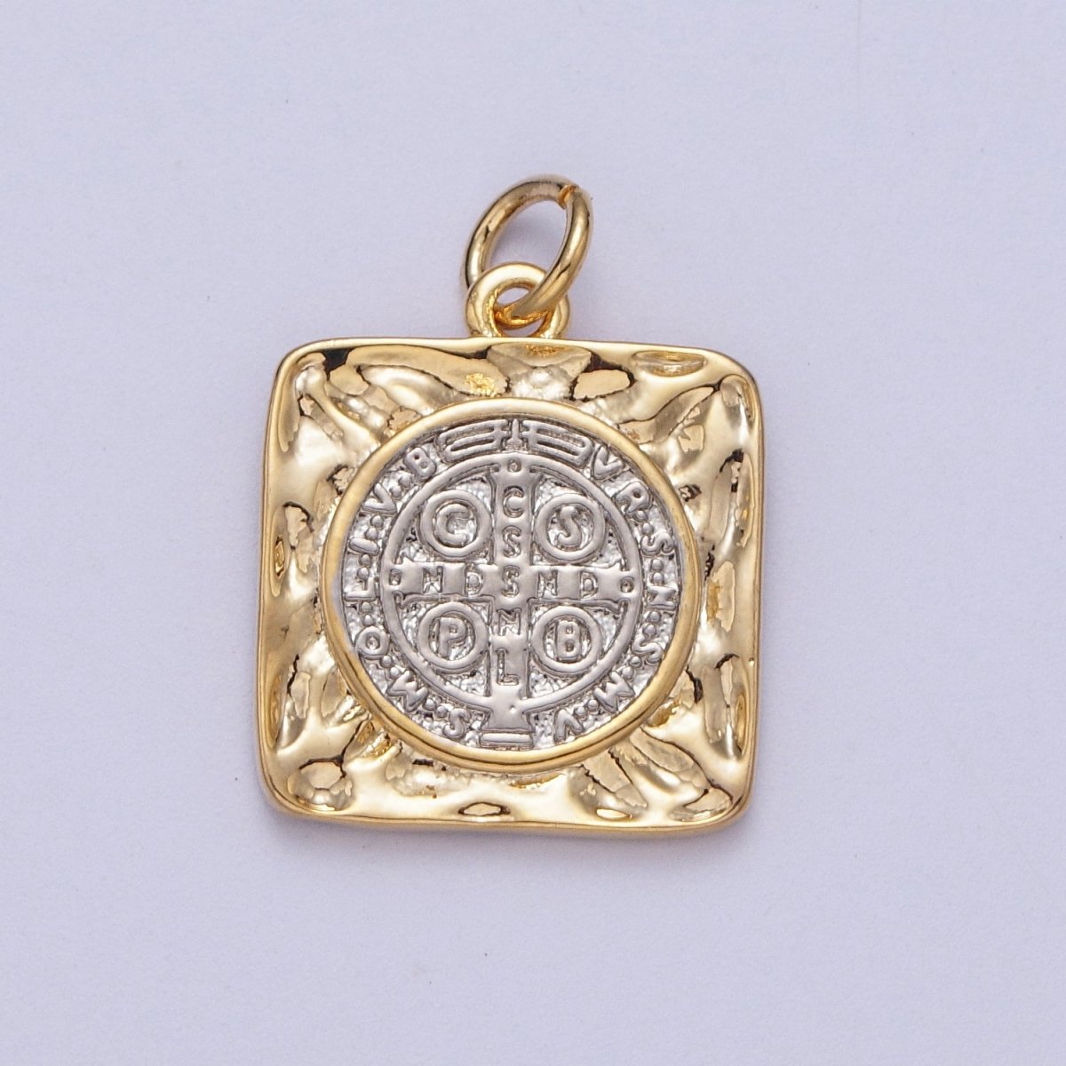 Mixed Metal Double Sided Saint Benedict SMQLIVB PAX VRSNSMV Hammered Square Charm | AC025