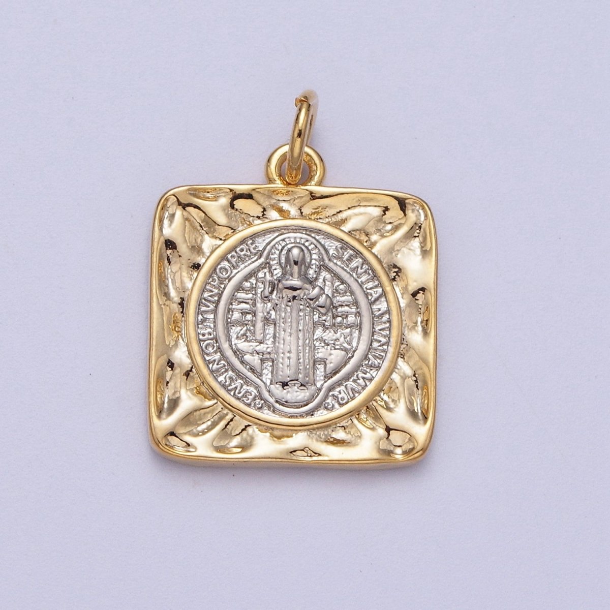 Mixed Metal Double Sided Saint Benedict SMQLIVB PAX VRSNSMV Hammered Square Charm | AC025
