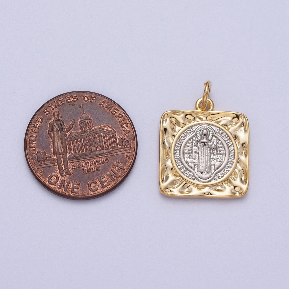 Mixed Metal Double Sided Saint Benedict SMQLIVB PAX VRSNSMV Hammered Square Charm | AC025