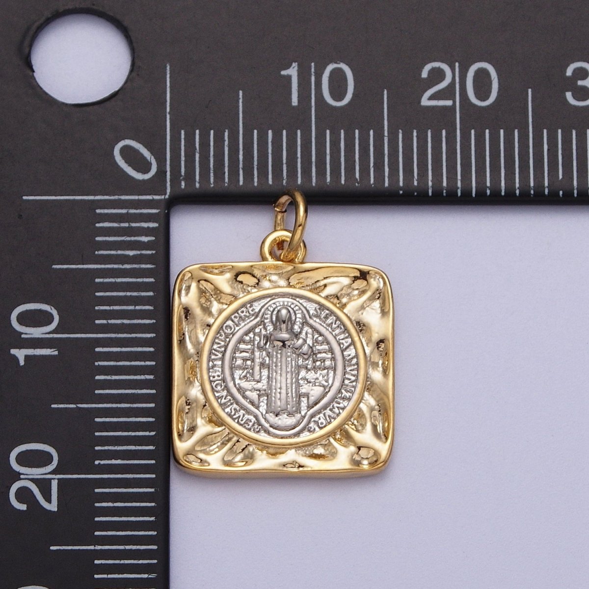 Mixed Metal Double Sided Saint Benedict SMQLIVB PAX VRSNSMV Hammered Square Charm | AC025