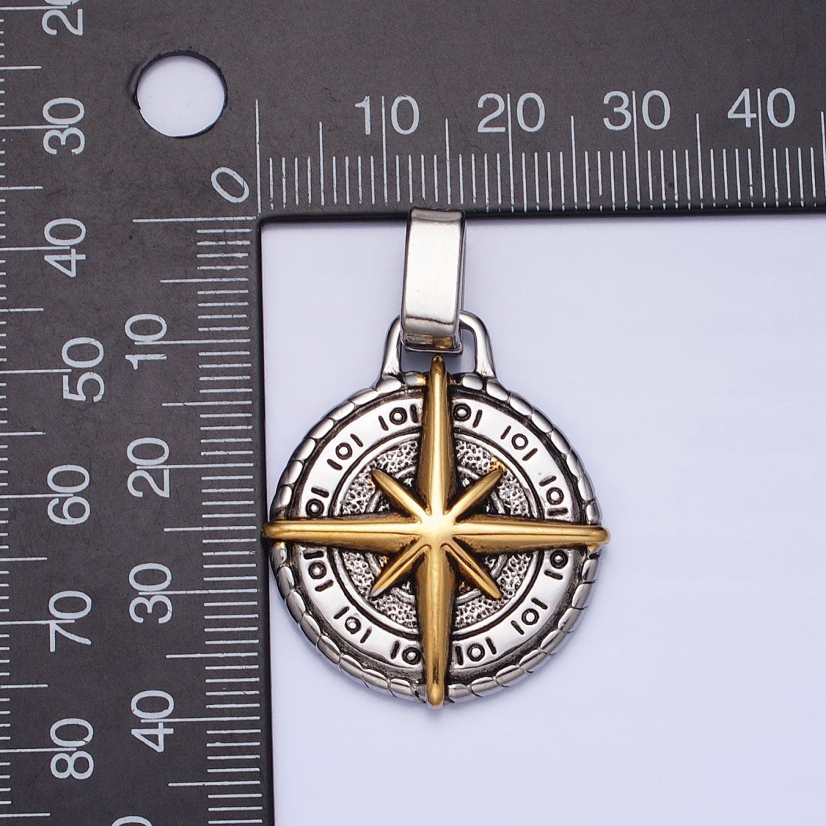 Mixed Metal, Silver Stainless Steel North Star Compass Round Pendant | P-1091 P-1092