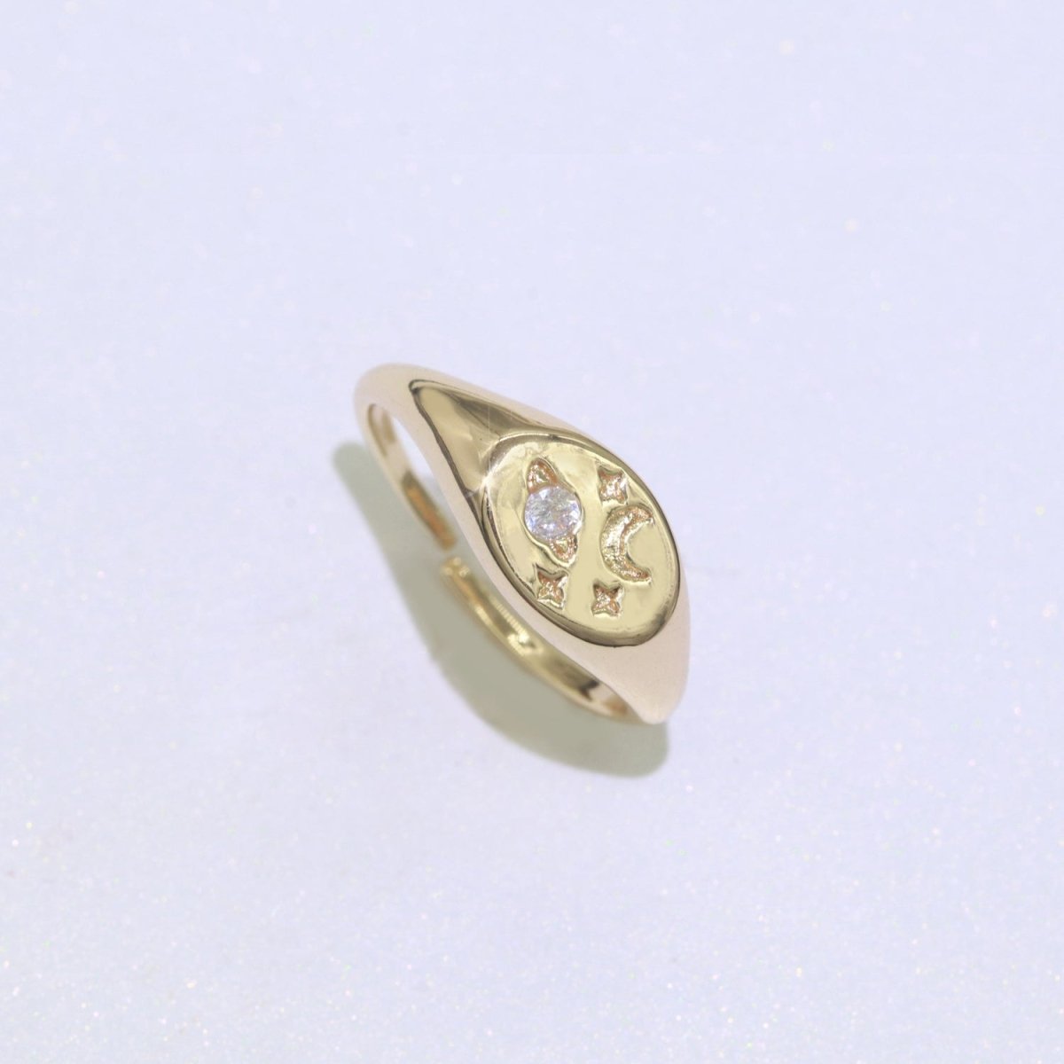 Moon Star CZ Paved Starburst Constellation Star Signet Ring, Minimalist Signet Polaris Ring, Celestial Ring O-447