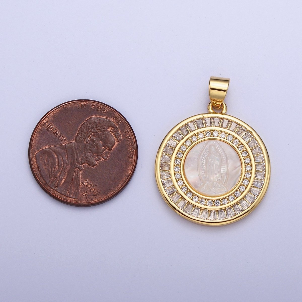 Mother of Pearl Miraculous Virgin Mary Micro Paved Clear/Pink Baguette Lined Round Medallion For Religious Jewelry | X-507 X-508