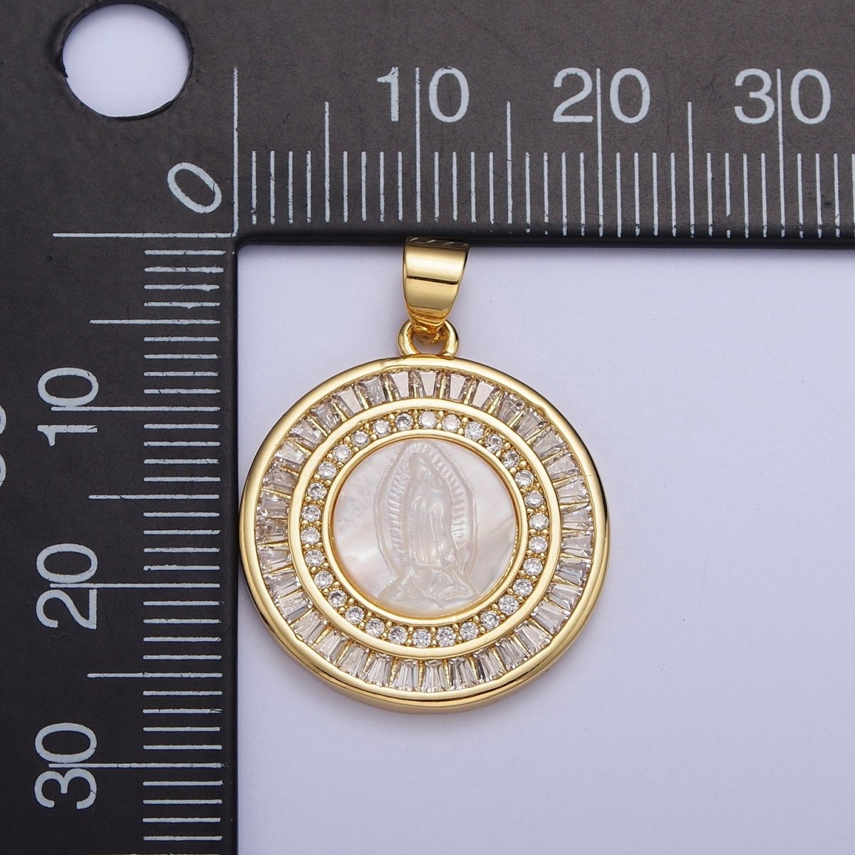 Mother of Pearl Miraculous Virgin Mary Micro Paved Clear/Pink Baguette Lined Round Medallion For Religious Jewelry | X-507 X-508