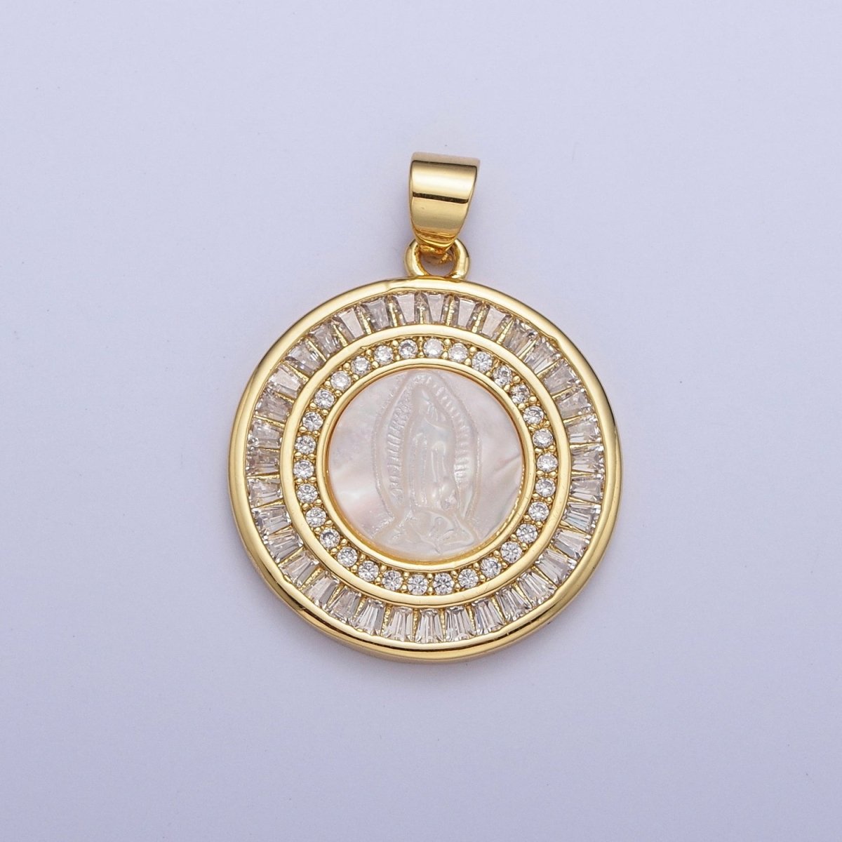 Mother of Pearl Miraculous Virgin Mary Micro Paved Clear/Pink Baguette Lined Round Medallion For Religious Jewelry | X-507 X-508