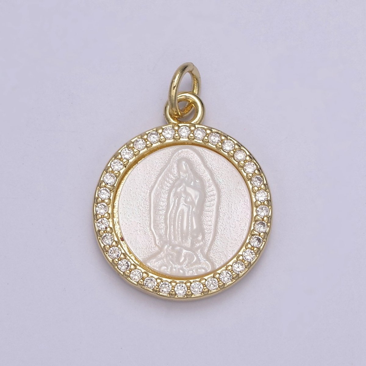 Mother of Pearl Our Lady of Guadalupe Pendant / Virgin Mary Charm Medallion Bezeled with Gold Filled and CZ Micro Pave Religious Supply N-711