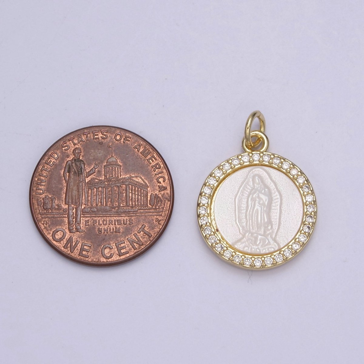 Mother of Pearl Our Lady of Guadalupe Pendant / Virgin Mary Charm Medallion Bezeled with Gold Filled and CZ Micro Pave Religious Supply N-711
