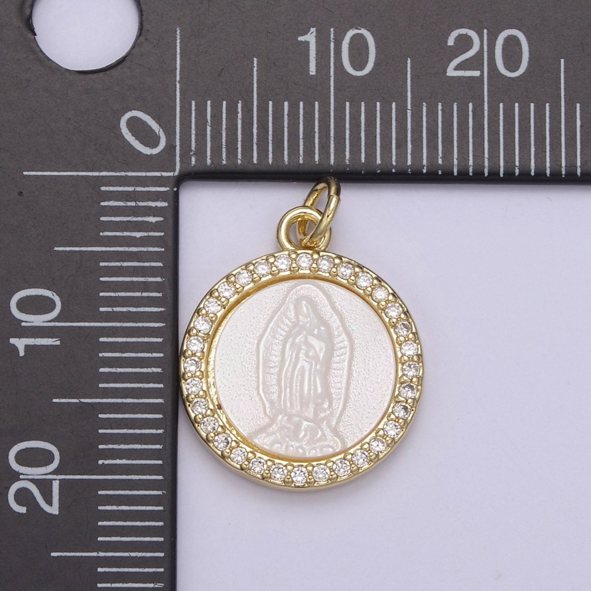 Mother of Pearl Our Lady of Guadalupe Pendant / Virgin Mary Charm Medallion Bezeled with Gold Filled and CZ Micro Pave Religious Supply N-711