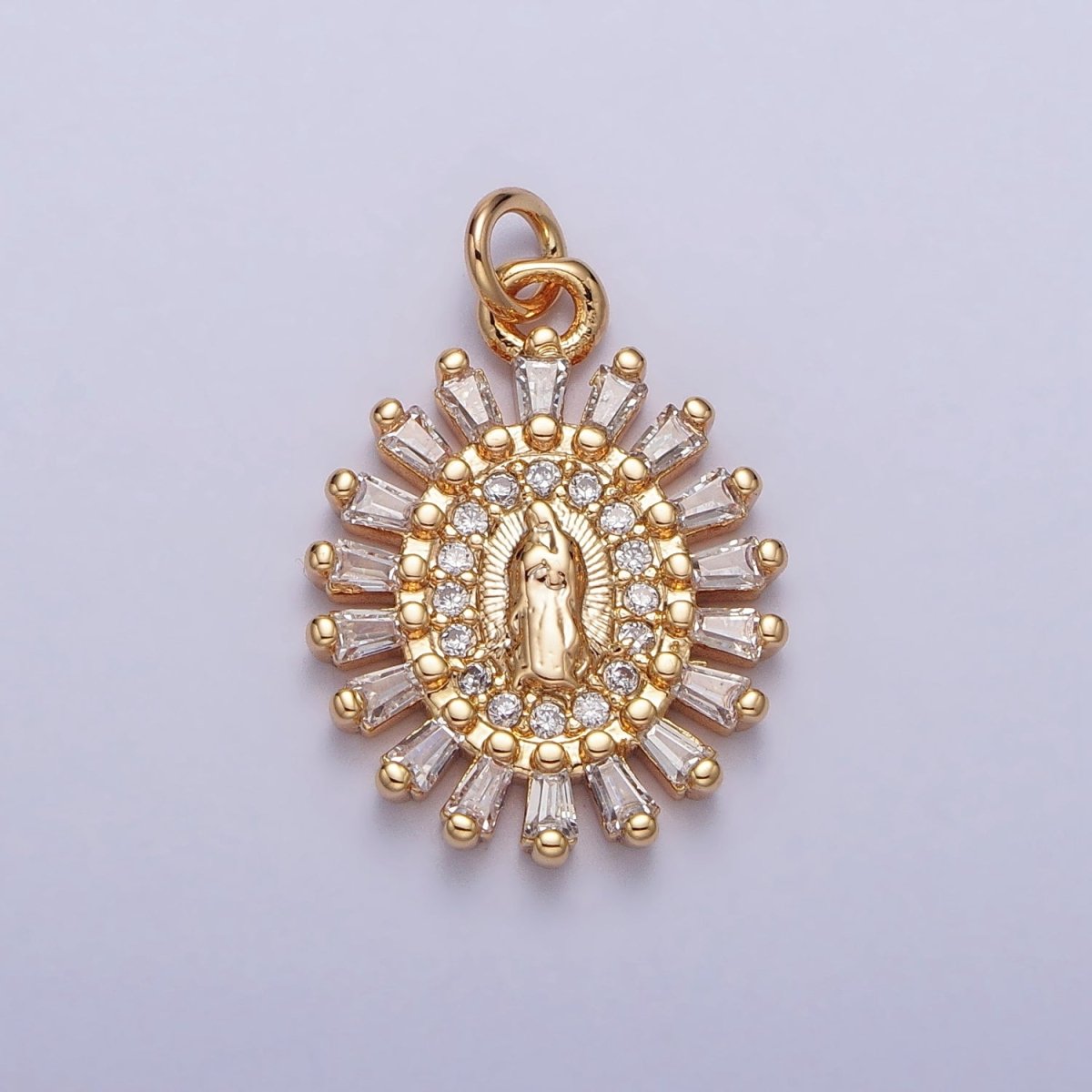 Mother Virgin Mary Beaded Baguette Beam Micro Paved Clear CZ Oval Charm in Gold & Silver | AC-262 AC-263
