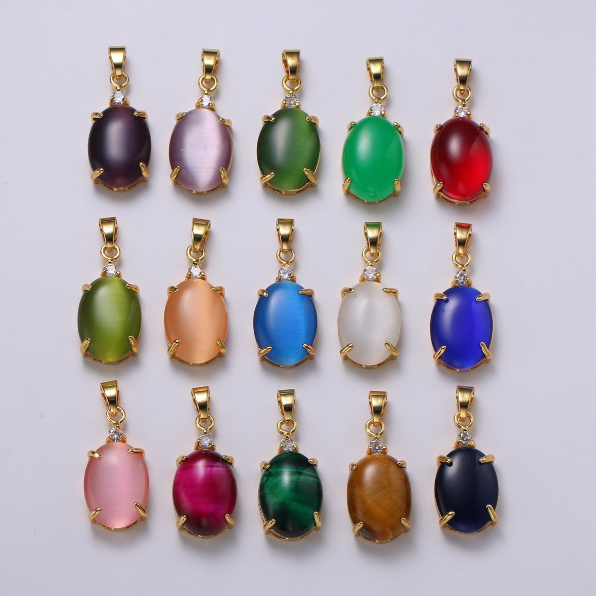 Multi Color Cat's Eye: Pink, Plum, Red Ruby, Amber, Peridot 24k Gold Solitaire CZ Pendant, Large Cat's Eye Stone I-681 ~ I-692