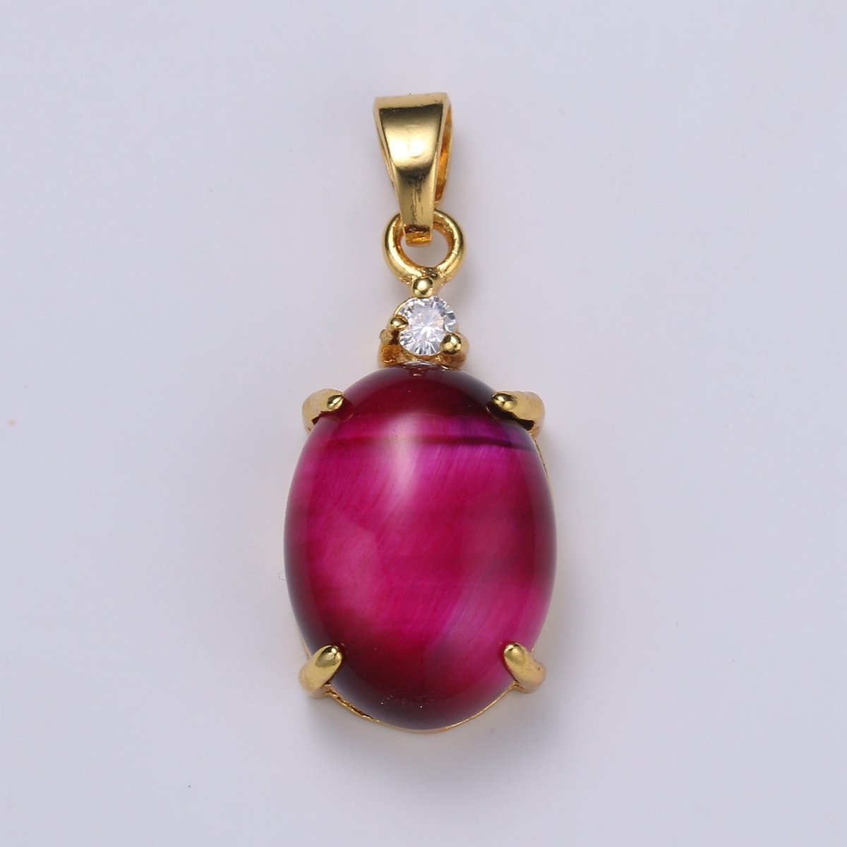 Multi Color Cat's Eye: Pink, Plum, Red Ruby, Amber, Peridot 24k Gold Solitaire CZ Pendant, Large Cat's Eye Stone I-681 ~ I-692
