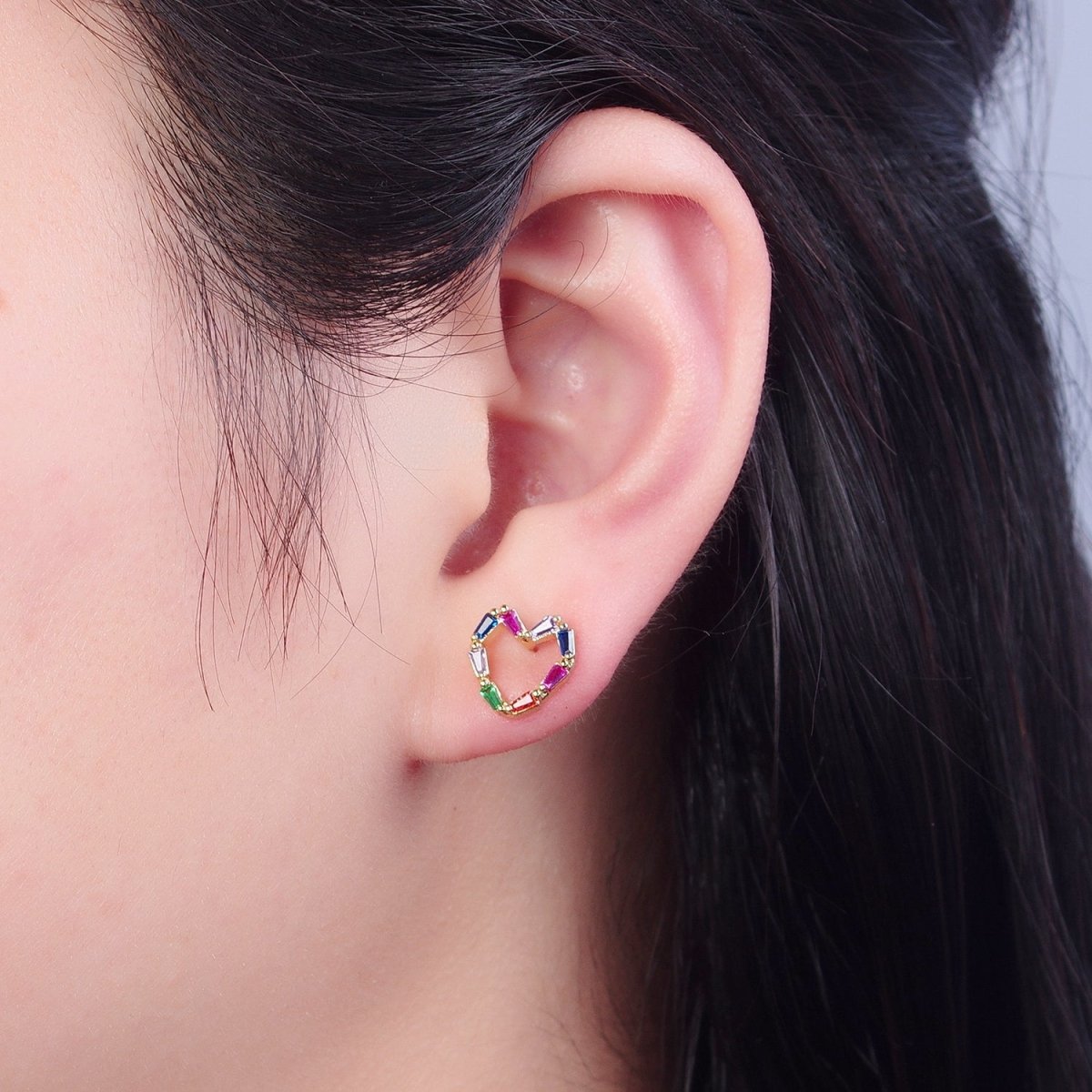 Multicolor Baguette Cubic Zirconia Heart Stud Earrings, Valentine Love CZ Earrings V-420