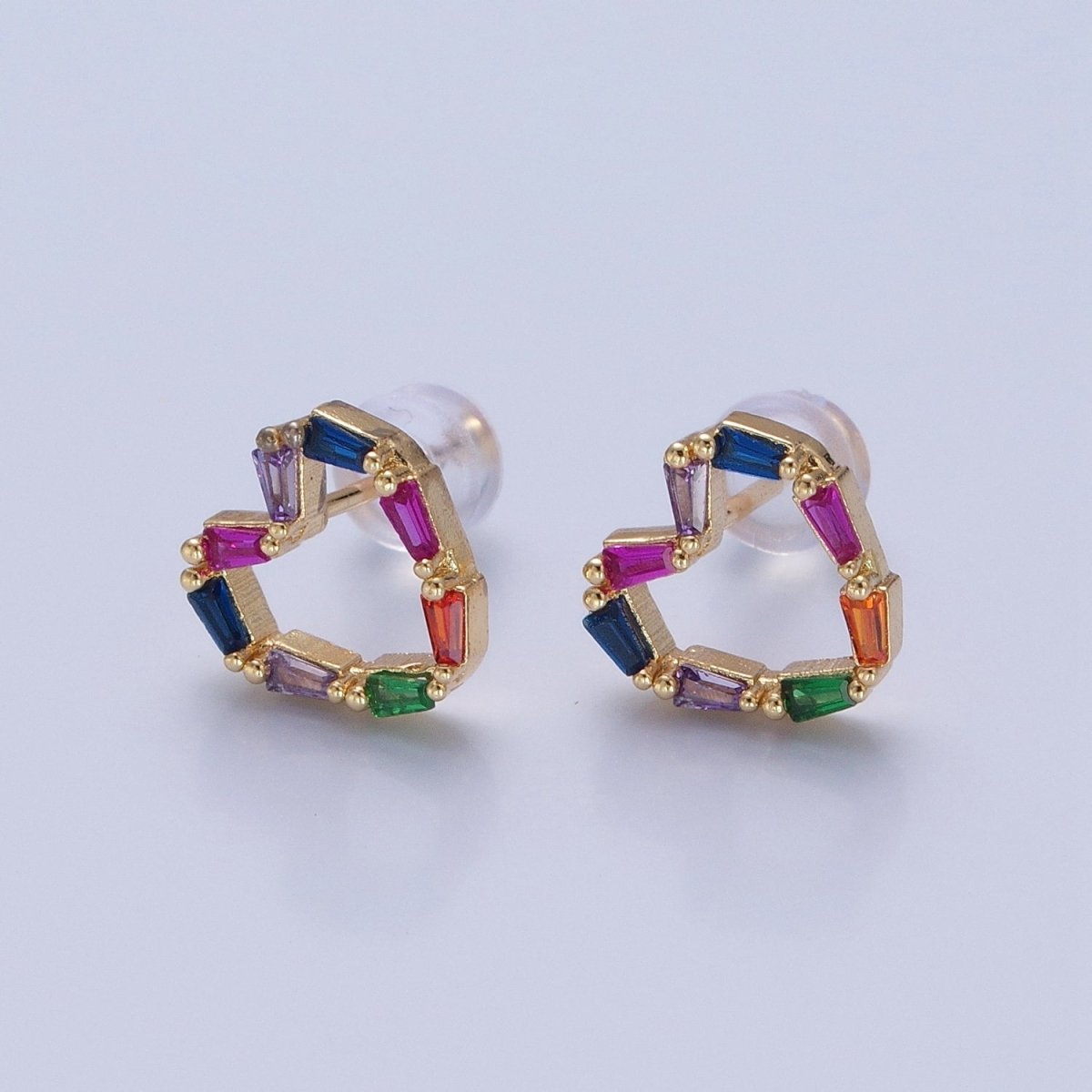 Multicolor Baguette Cubic Zirconia Heart Stud Earrings, Valentine Love CZ Earrings V-420
