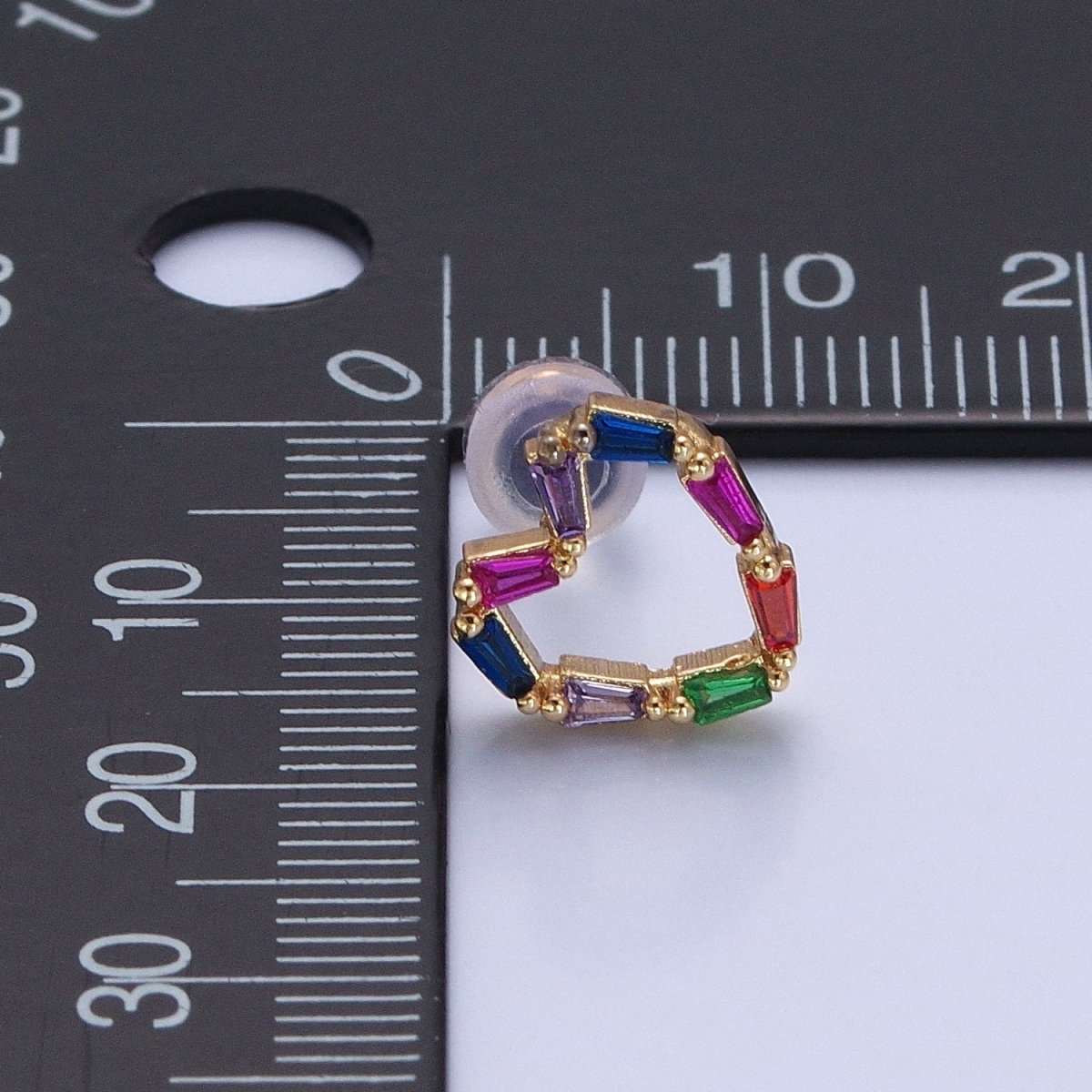 Multicolor Baguette Cubic Zirconia Heart Stud Earrings, Valentine Love CZ Earrings V-420