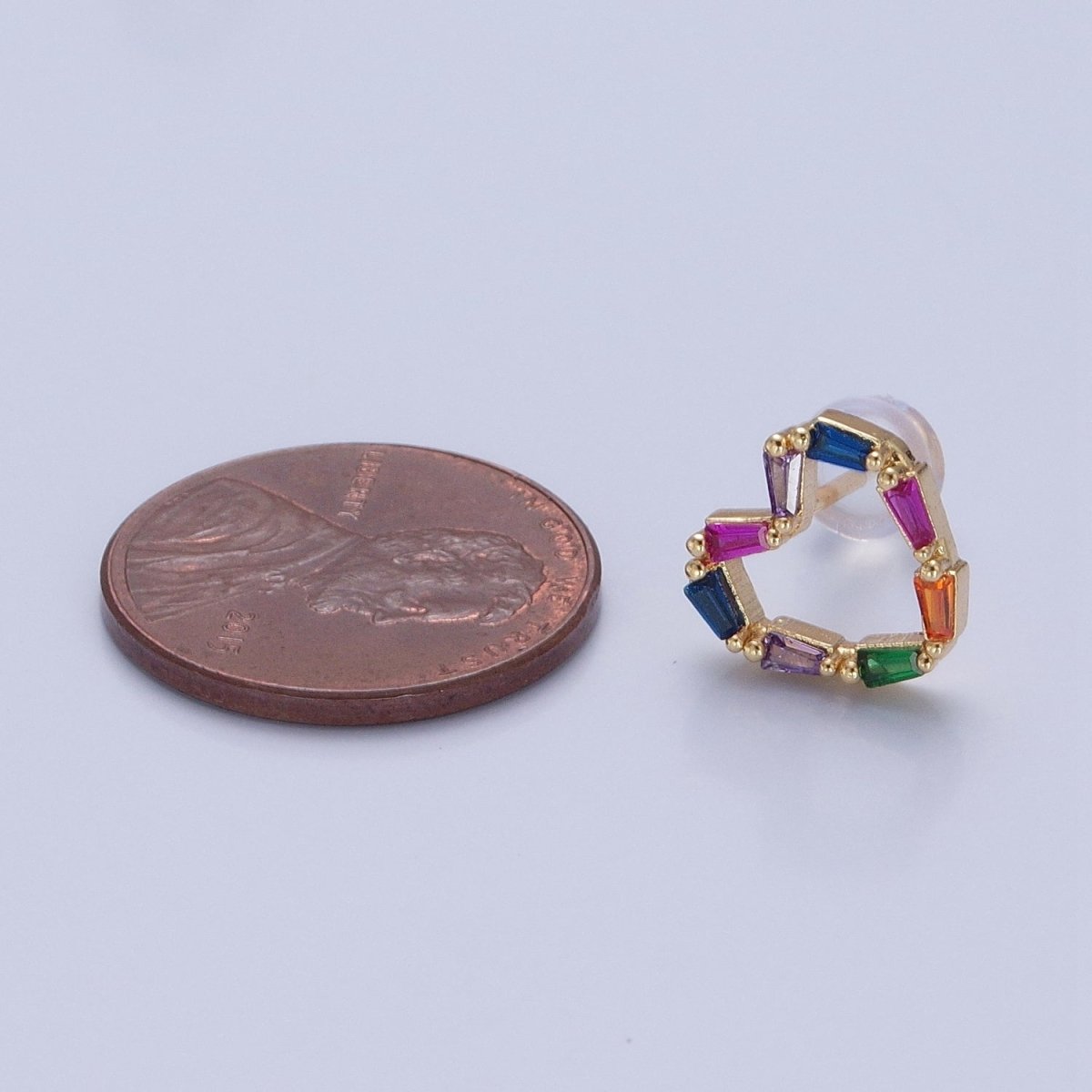 Multicolor Baguette Cubic Zirconia Heart Stud Earrings, Valentine Love CZ Earrings V-420