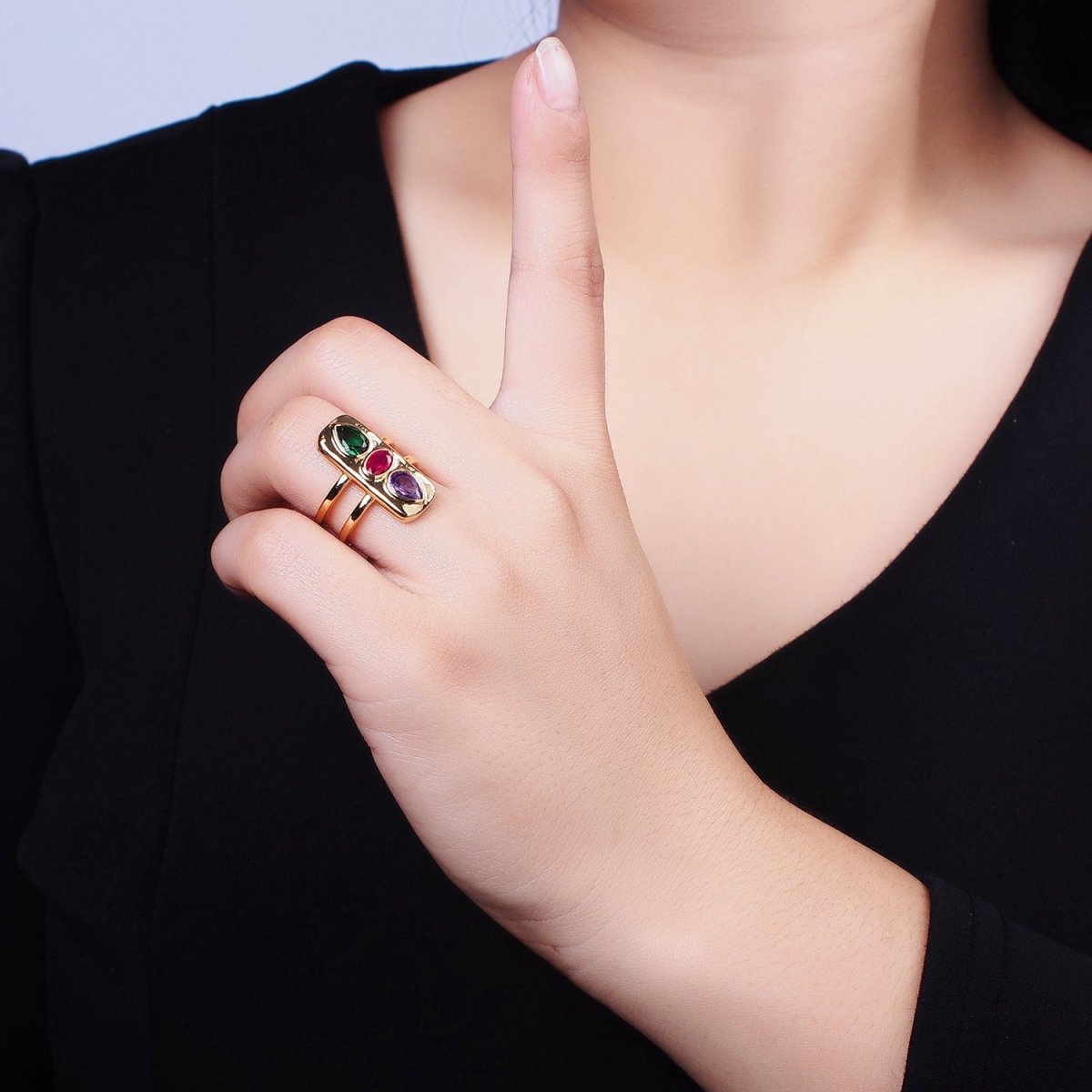 Multicolor Cz Stone Geometric Ring in Gold Silver with Tear Drop Oval CZ Stone S-025 S-102