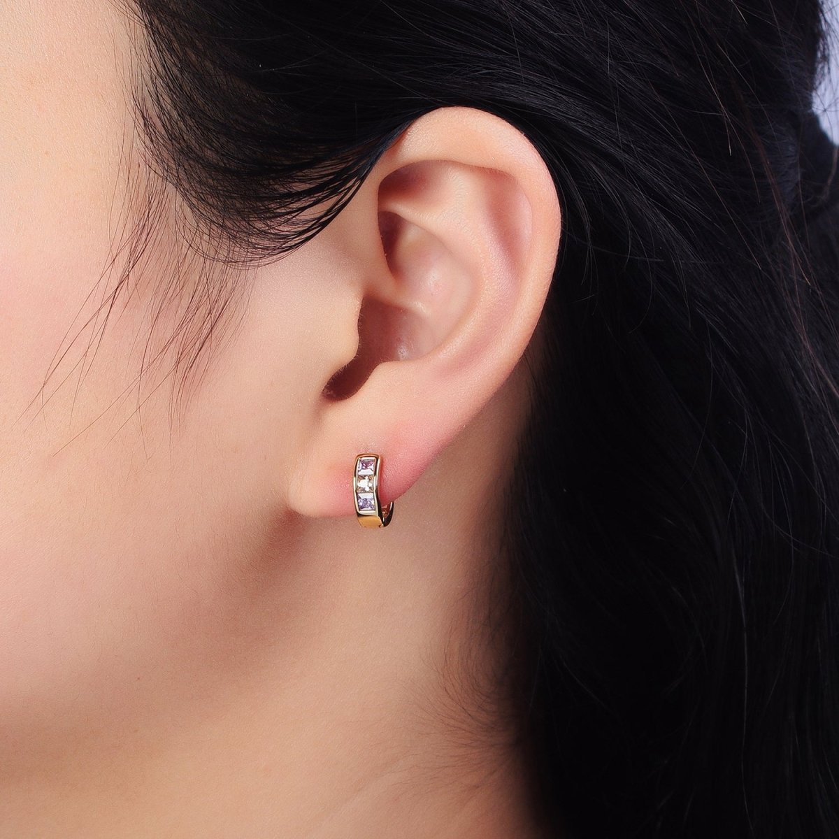 Multicolor Pastel Square CZ 11mm Gold Huggie Earrings | AA342
