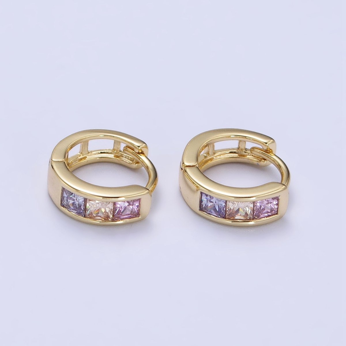Multicolor Pastel Square CZ 11mm Gold Huggie Earrings | AA342