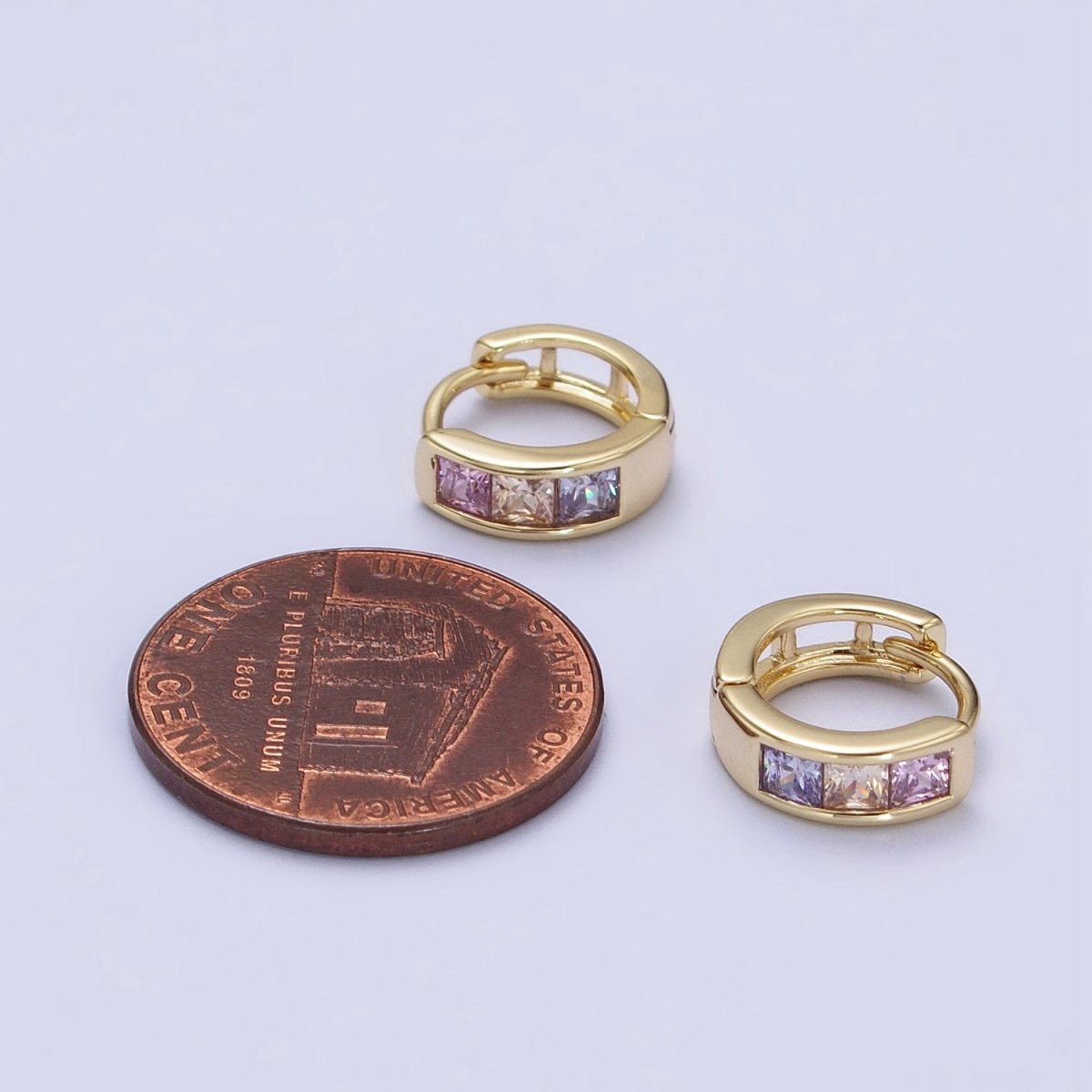 Multicolor Pastel Square CZ 11mm Gold Huggie Earrings | AA342