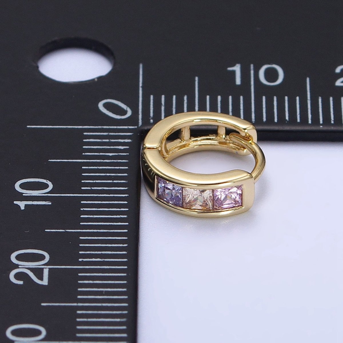 Multicolor Pastel Square CZ 11mm Gold Huggie Earrings | AA342