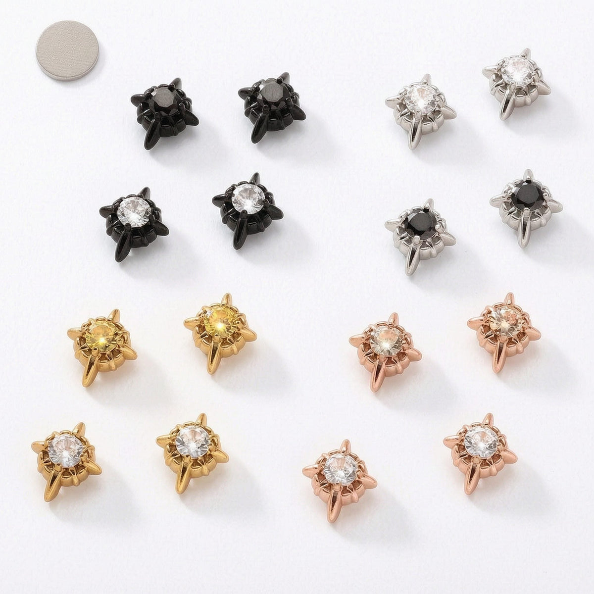 Magnetic 4-Pointed Star CZ Stud Earrings for Men Women, Multicolor Non-Piercing Clip On Stainless Steel