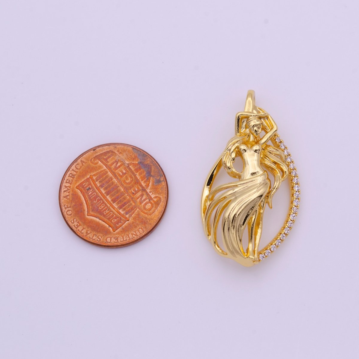 Nouveau Goddess Women Gold Art Statement Micro Paved CZ Pendant H-047