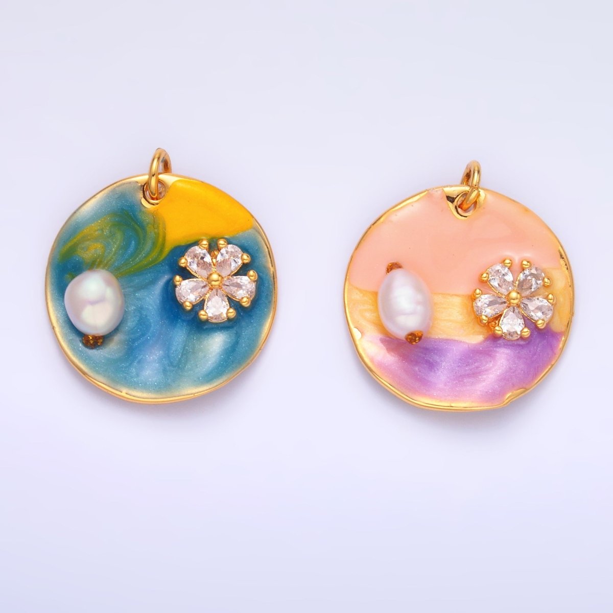 24K Gold Filled 20mm Blue, Pink Flower Shell Pearl Round Charm | M00259