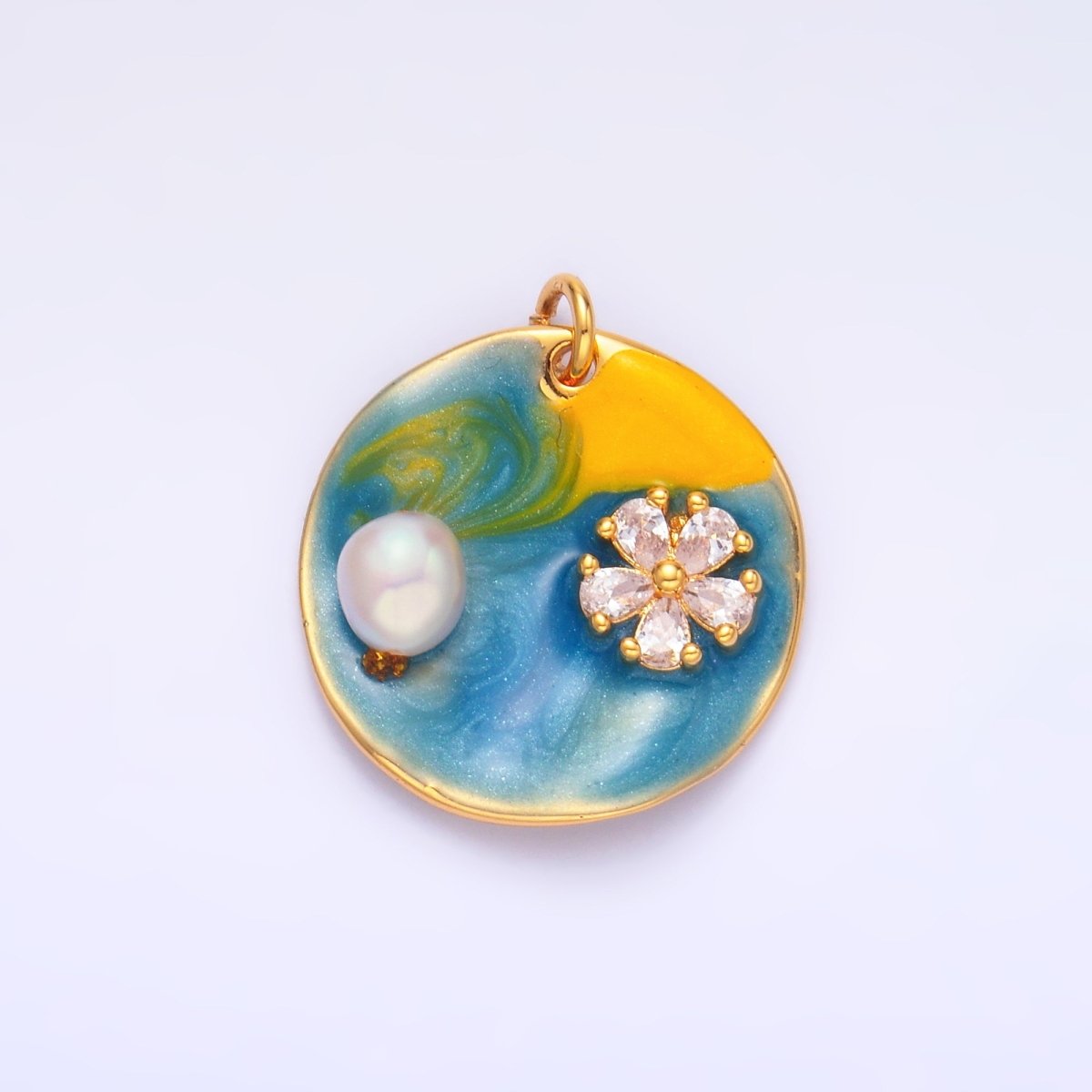 24K Gold Filled 20mm Blue, Pink Flower Shell Pearl Round Charm | M00259