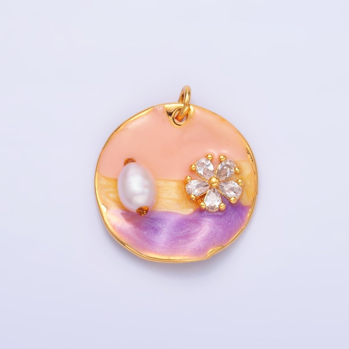 24K Gold Filled 20mm Blue, Pink Flower Shell Pearl Round Charm | M00259