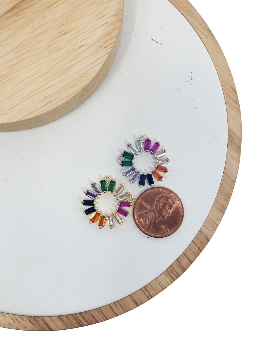 On Sale! CLEARANCE! Rainbow Stone Charm, Colorful Coin Double Bail Pendant, Rainbow Baguette Charm with 2 Loops For Necklace Jewelry Making, White Gold Filled CZ Connector, F-214