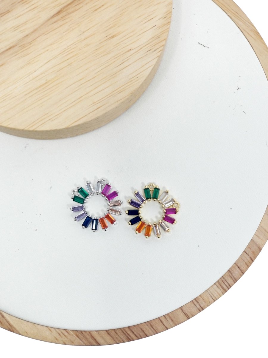 On Sale! CLEARANCE! Rainbow Stone Charm, Colorful Coin Double Bail Pendant, Rainbow Baguette Charm with 2 Loops For Necklace Jewelry Making, White Gold Filled CZ Connector, F-214