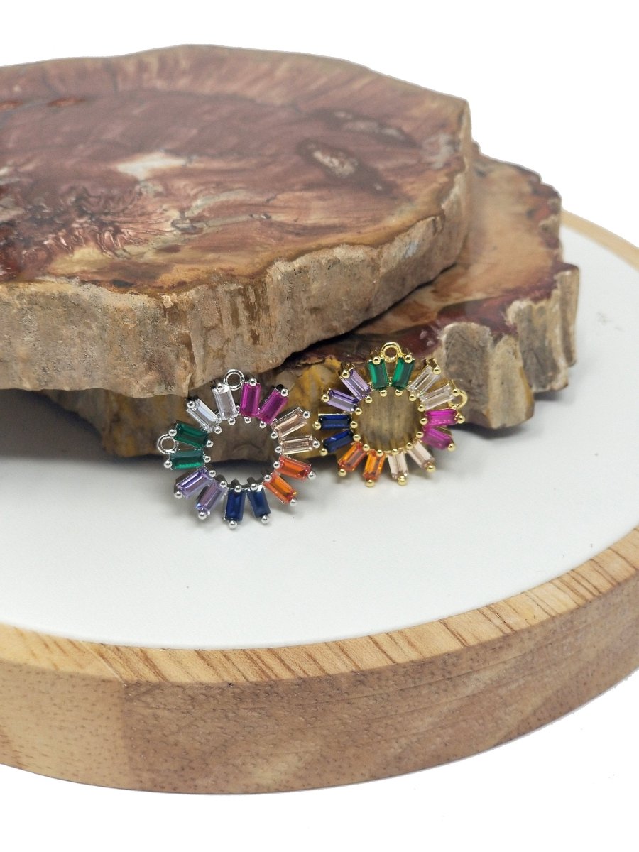 On Sale! CLEARANCE! Rainbow Stone Charm, Colorful Coin Double Bail Pendant, Rainbow Baguette Charm with 2 Loops For Necklace Jewelry Making, White Gold Filled CZ Connector, F-214