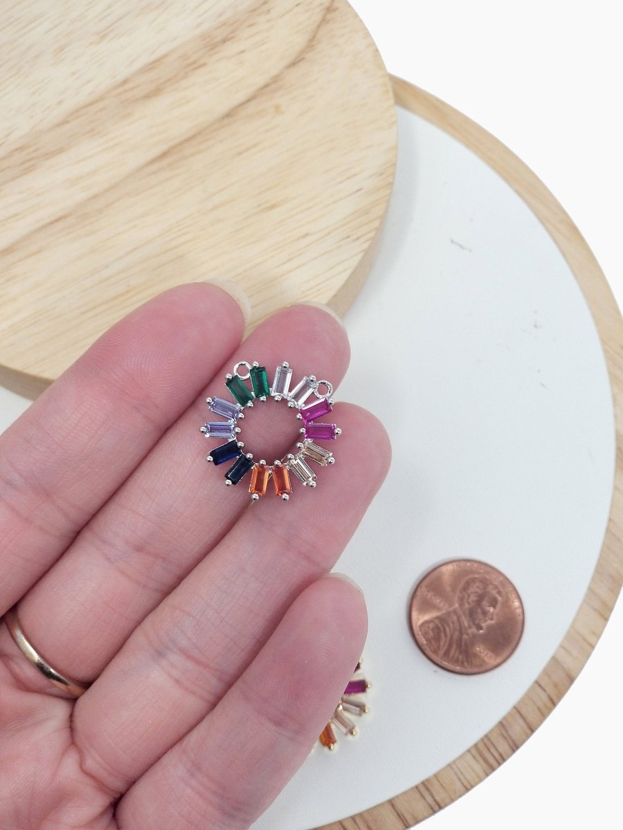 On Sale! CLEARANCE! Rainbow Stone Charm, Colorful Coin Double Bail Pendant, Rainbow Baguette Charm with 2 Loops For Necklace Jewelry Making, White Gold Filled CZ Connector, F-214